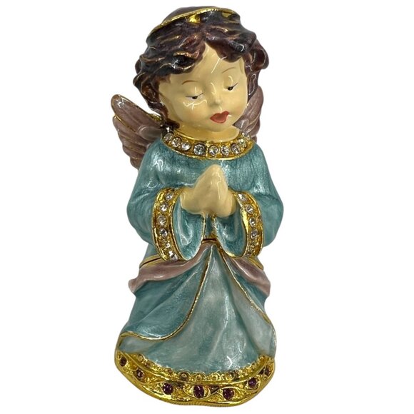 Angel Praying Trinket Box Blue Enamel Clear Lavender Purple Jeweled - Picture 1 of 12